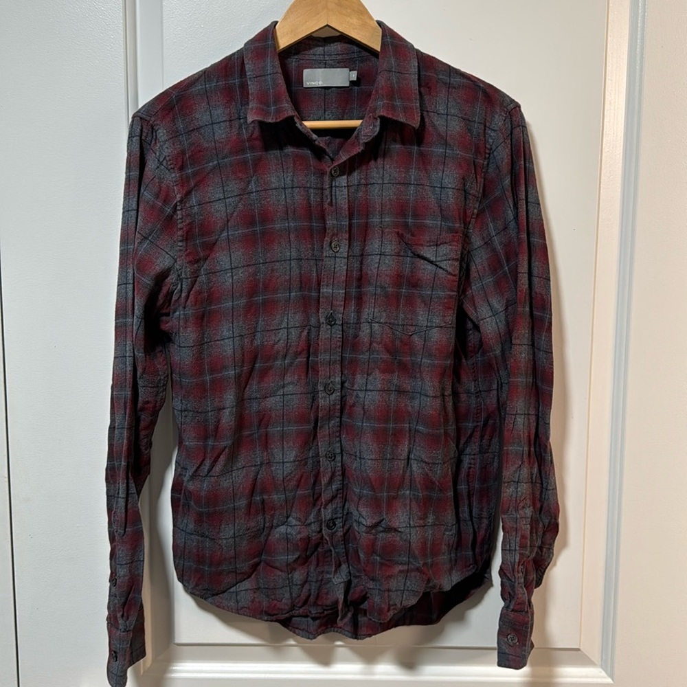Vince Burgundy, Gray and blue checkered LS front pocket button down size small